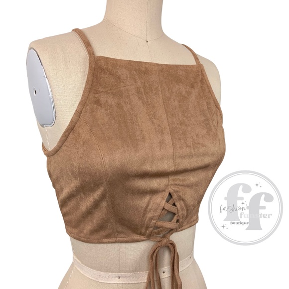 Boho 1960s 1970s Style Faux Tan Brown Suede Leather Festival Halter Tie Crop Top - Picture 9 of 9